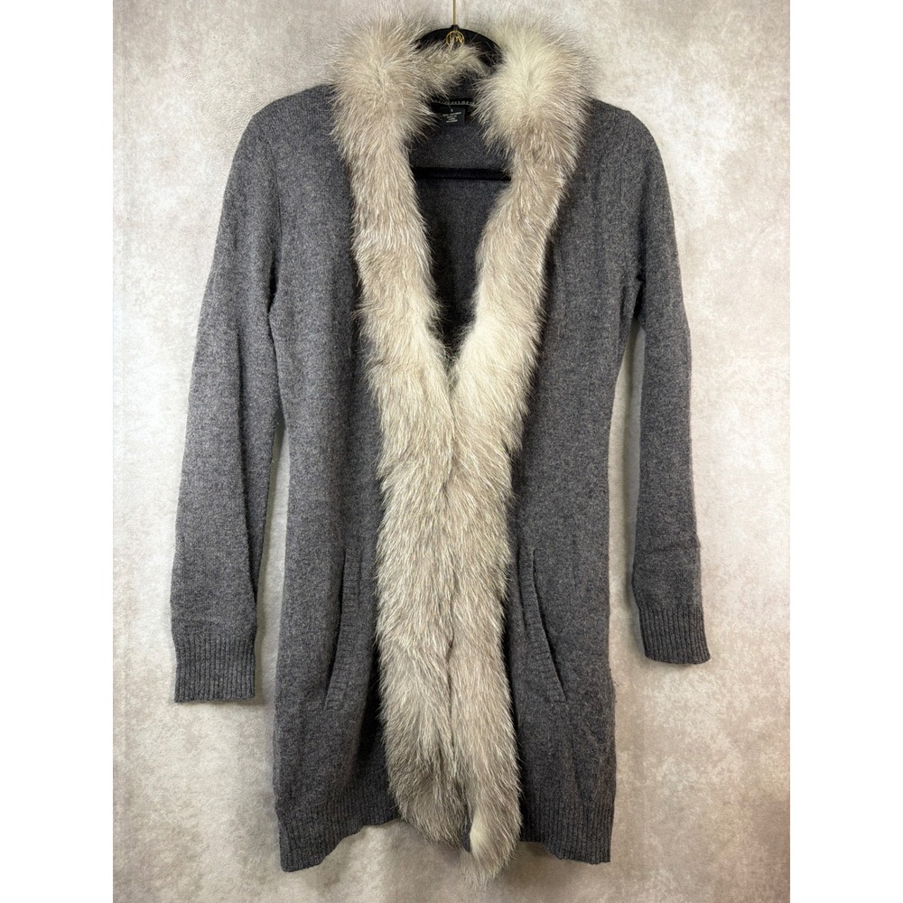 Sofia Cashmere Cardigan Women S Gray 100% Cashmere Real Fox Fur Trim Sweater